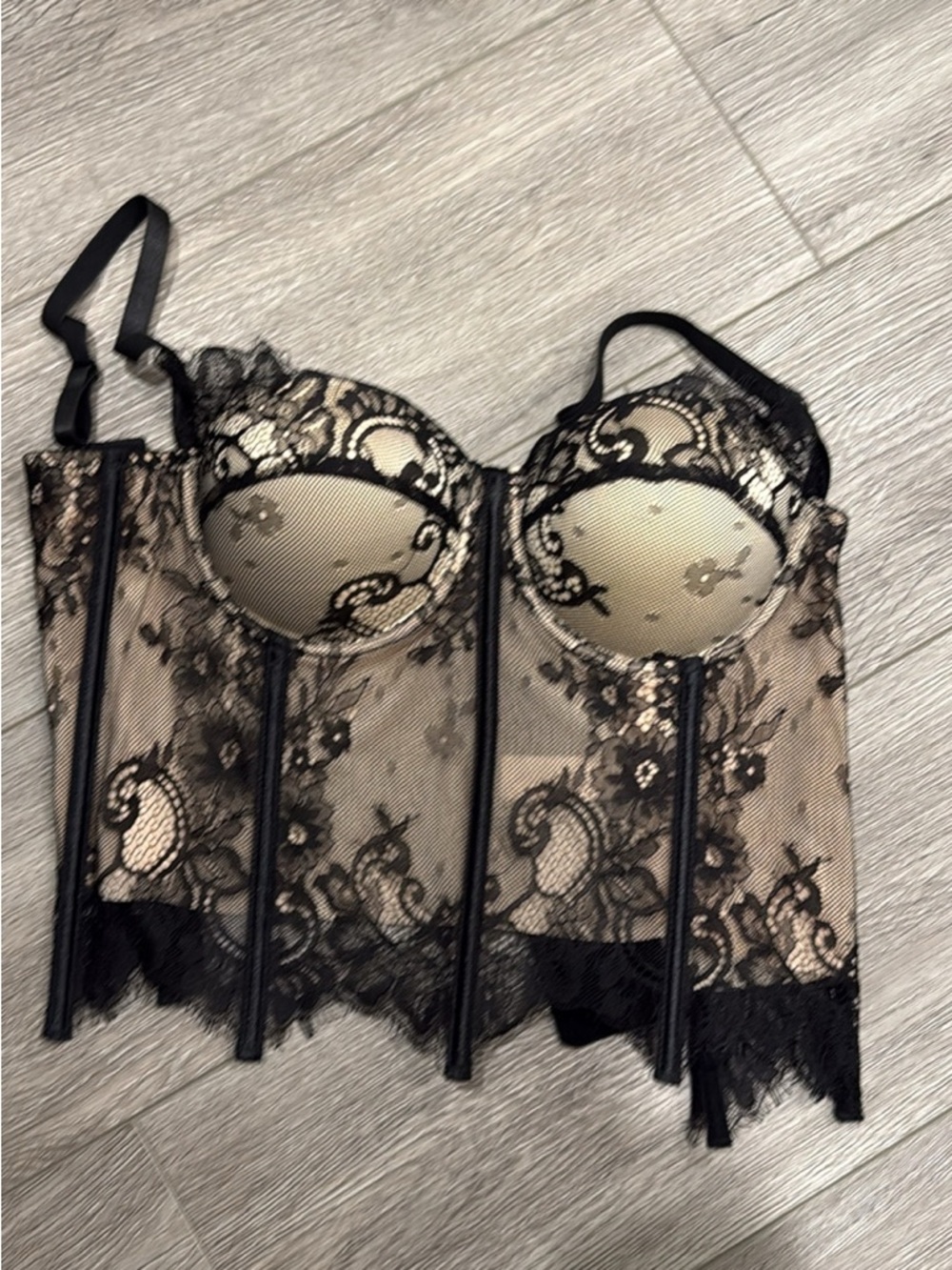 Sheer Lace Longline Bustier Corset - Black & Nude